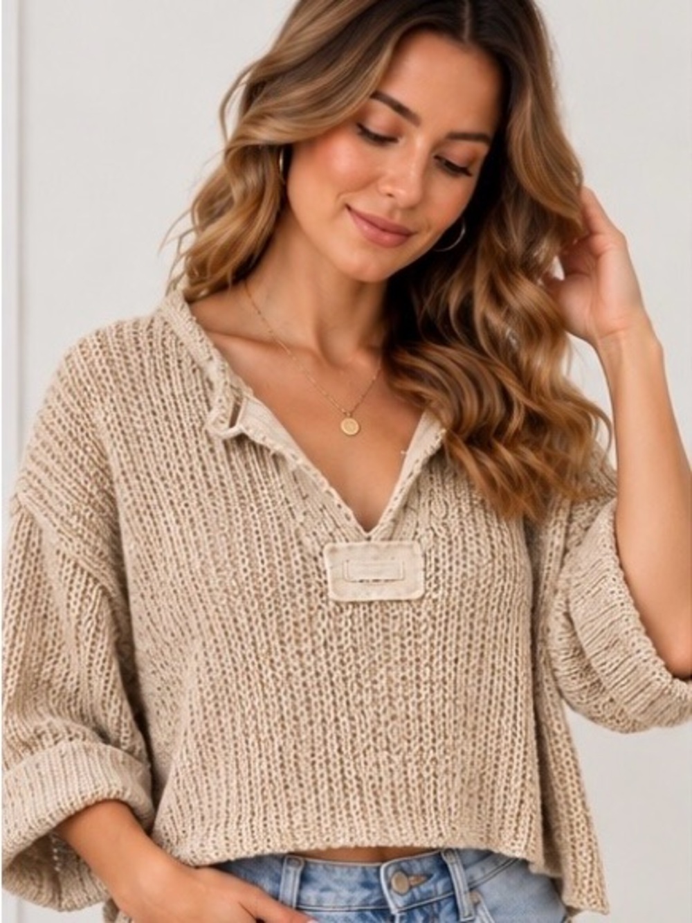 ILLA ILLA Oversized Chunky Knit Notched V-Neck Sweater Oatmeal Medium
